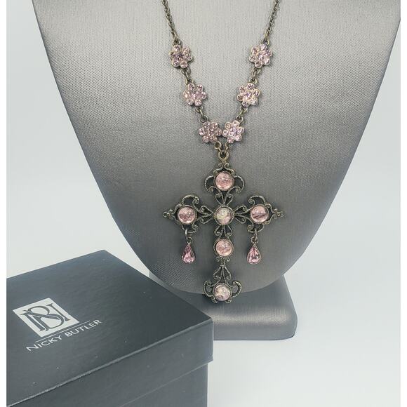 Vintage Nicky Butler Pink Moonstone Bronzetone Cross Statement Necklace in Box - Picture 12 of 12